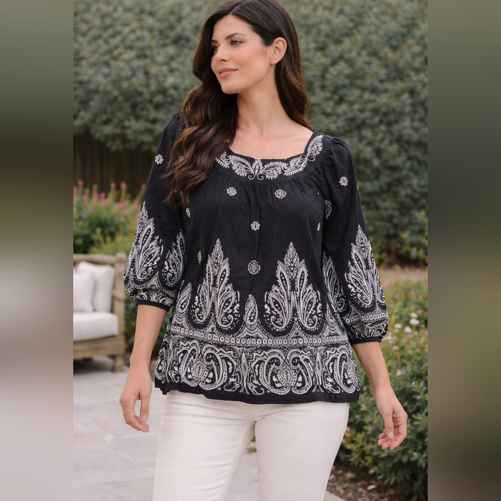 100% Cotton Charter Club Black and White Paisley Embroidered Blouse